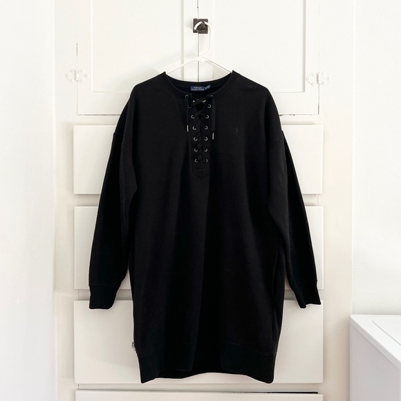 POLO Ralph Lauren Fleecy Sweatshirt Dress w/Lace Up Neck Detail in Black Size XL - Picture 1 of 6